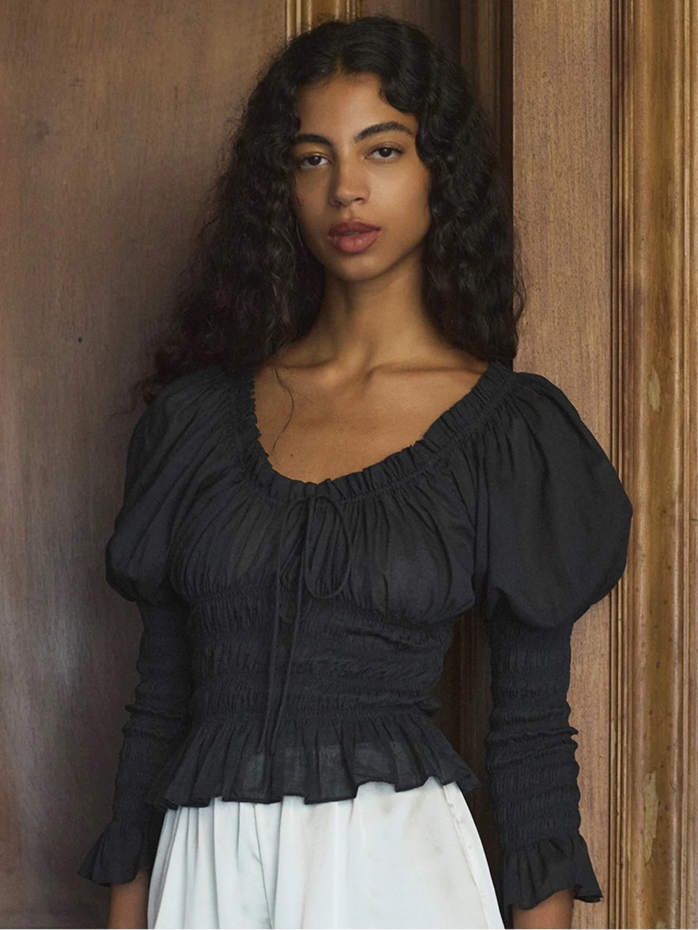 Doen BAPTISIA TOP XXS Black Ruched Puff-Sleeve Women's Top
